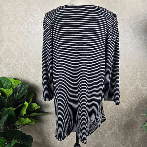 PureJill Size Large Black White Striped Asymmetric Button Tunic Top 3/4 Sleeves - Picture 4 of 8